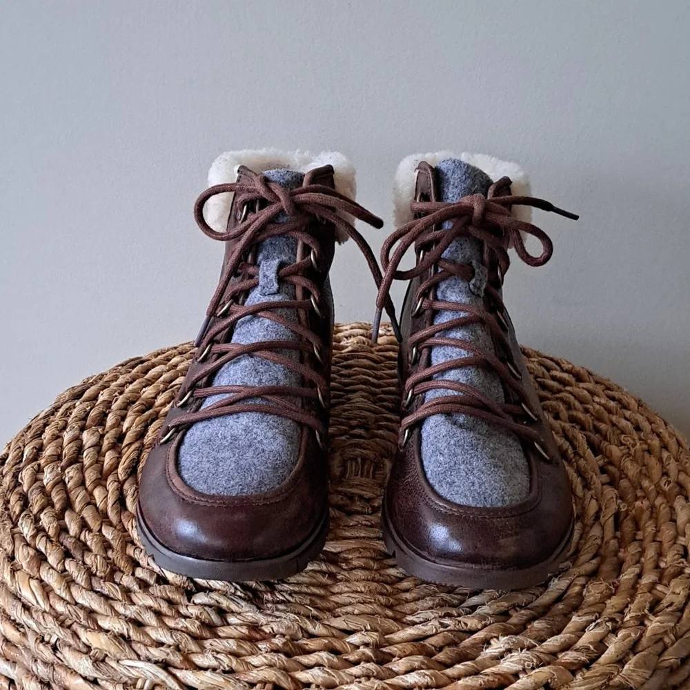 Sorel Womens Harlow Lace Cozy Brown Leather Ankle Booties Grey Felt Faux Fur 9.5